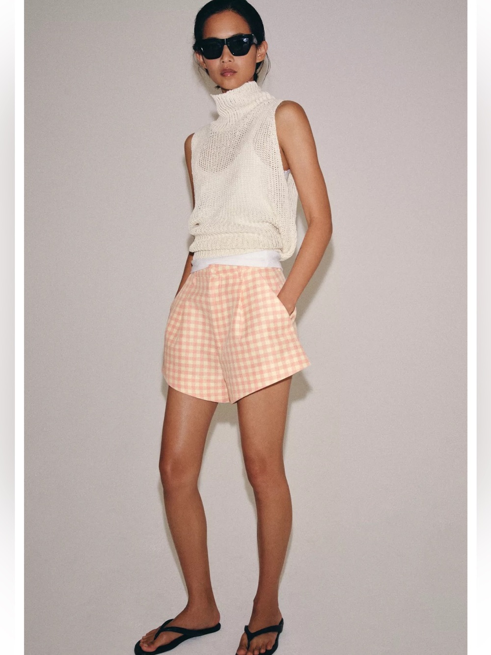 Zara Peach and Tan Gingham High-Waist Shorts